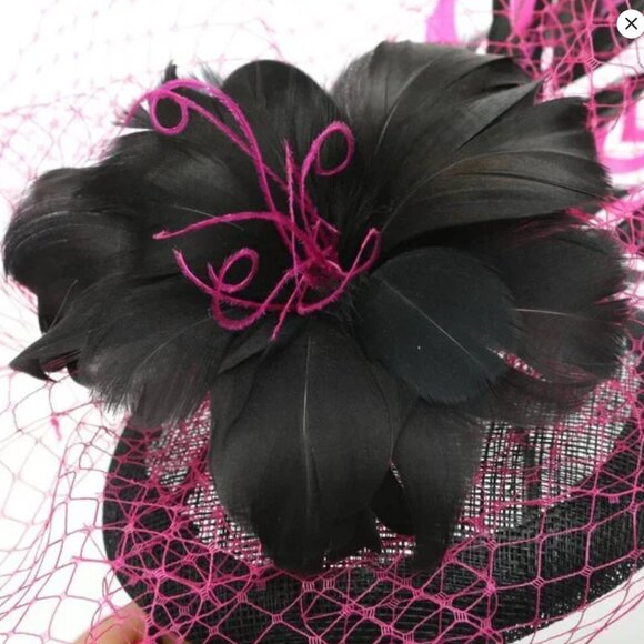 Sinamay Handmade Pink & Black Feather Fascinator | Derby Wedding Hat Headband - Picture 5 of 8
